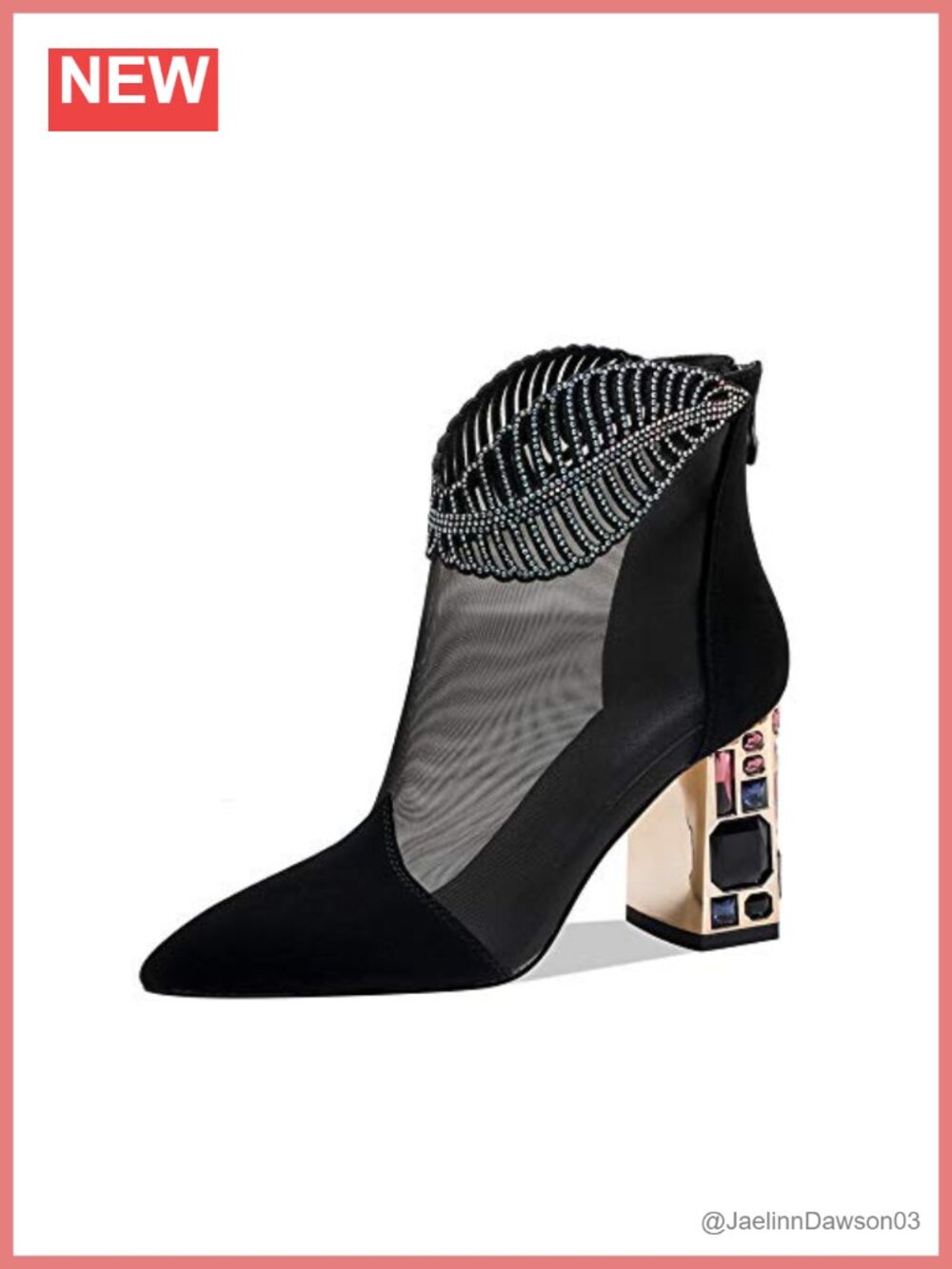 Chunky Heel Bootie Jewel Rhinestone Ankle Boots Zip Pointed Toe